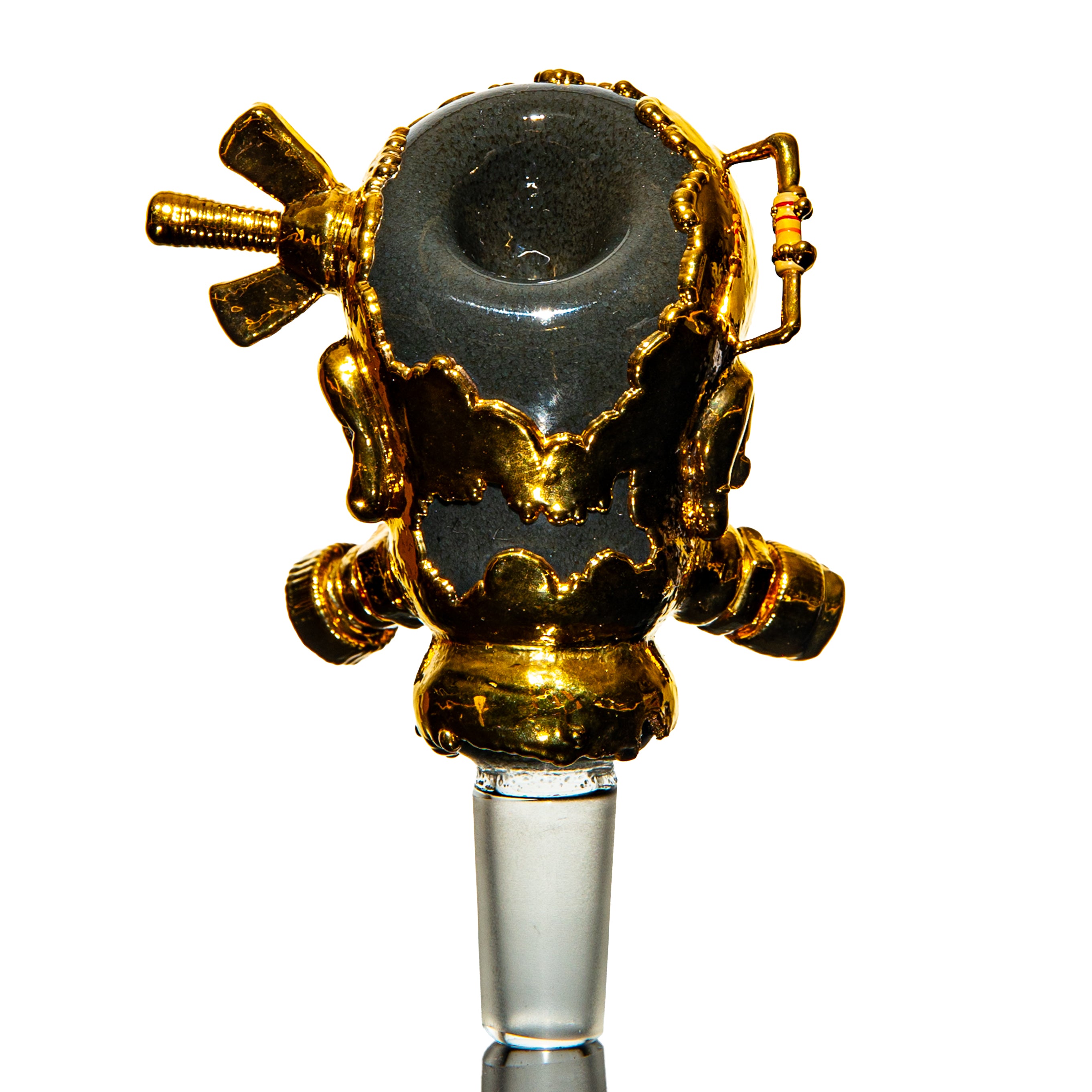 Heady glass bowl with gold accents and steampunk design, isolated on white background