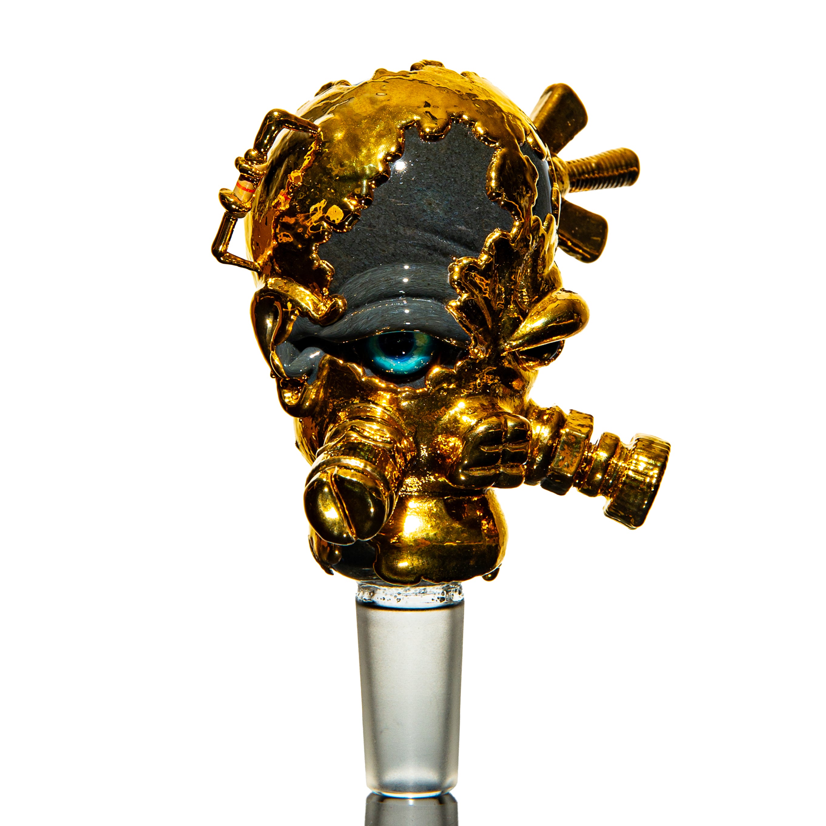 Gold and gray heady glass bowl with a single blue eye and steampunk details