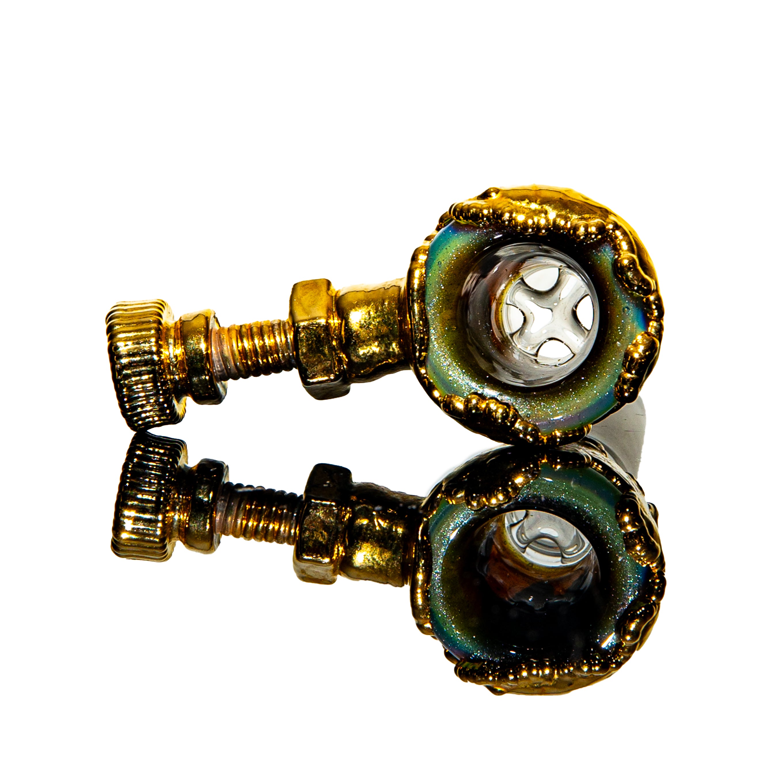 Gold and glass herb pipe with metallic details and reflective surface