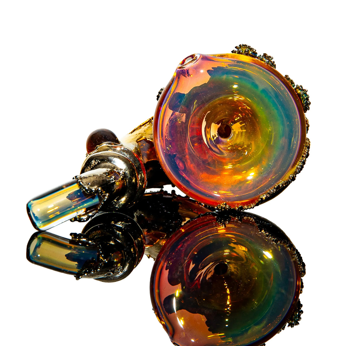 Iridescent glass hand pipe with gold accents and reflective surface, premium smoking accessory