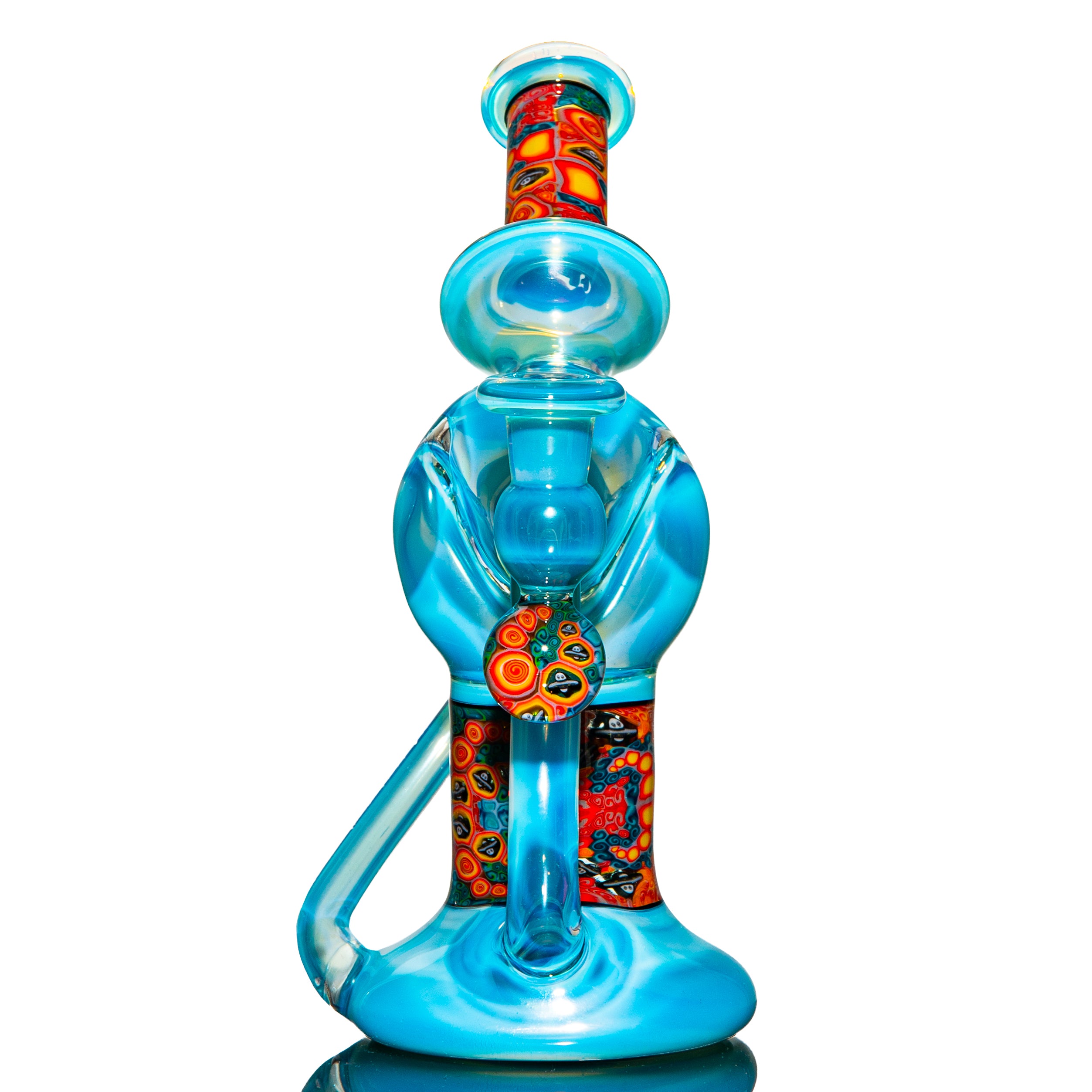 Heady glass water pipe with vibrant blue base and colorful orange millefiori accents