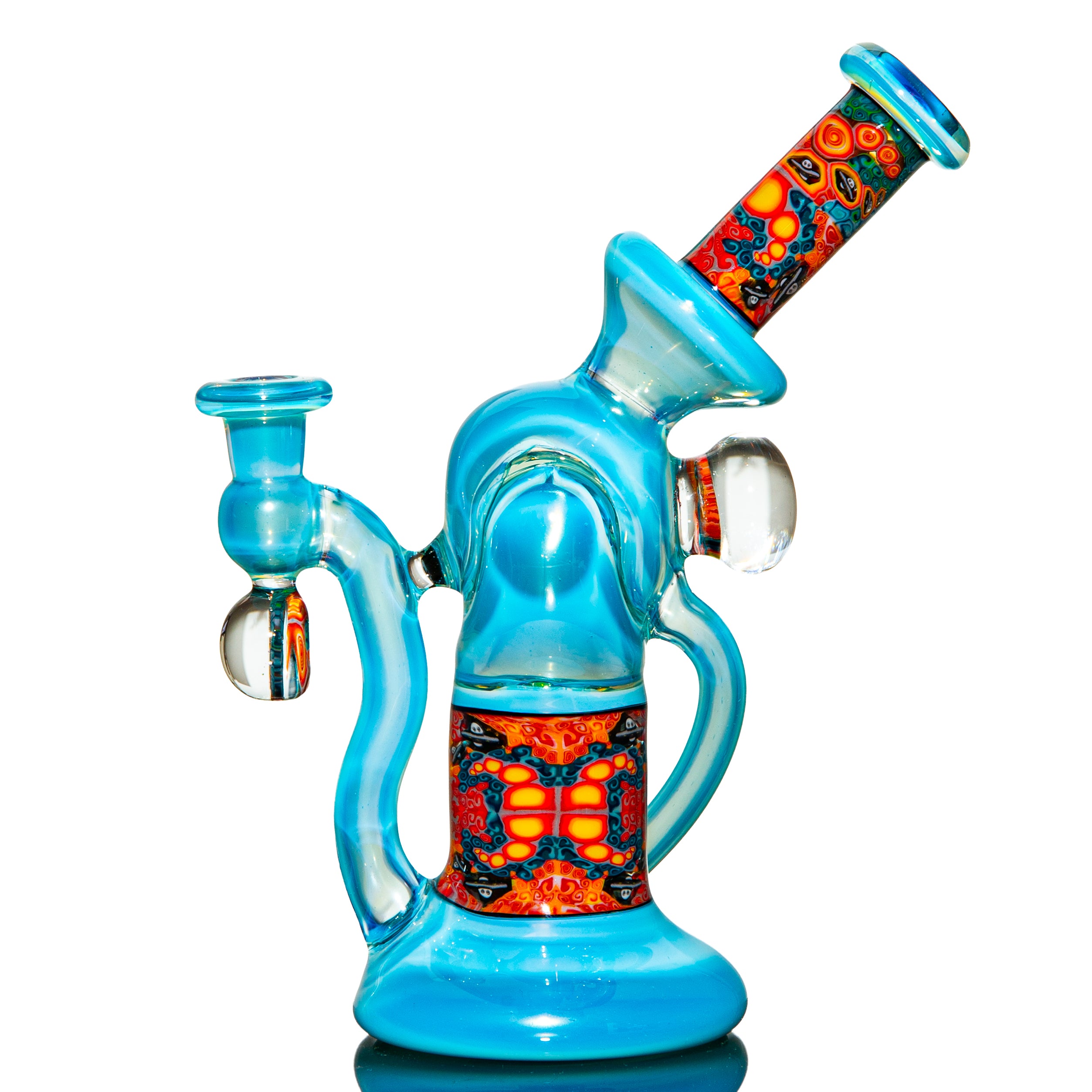 Blue heady glass water pipe with vibrant psychedelic patterns on base and neck