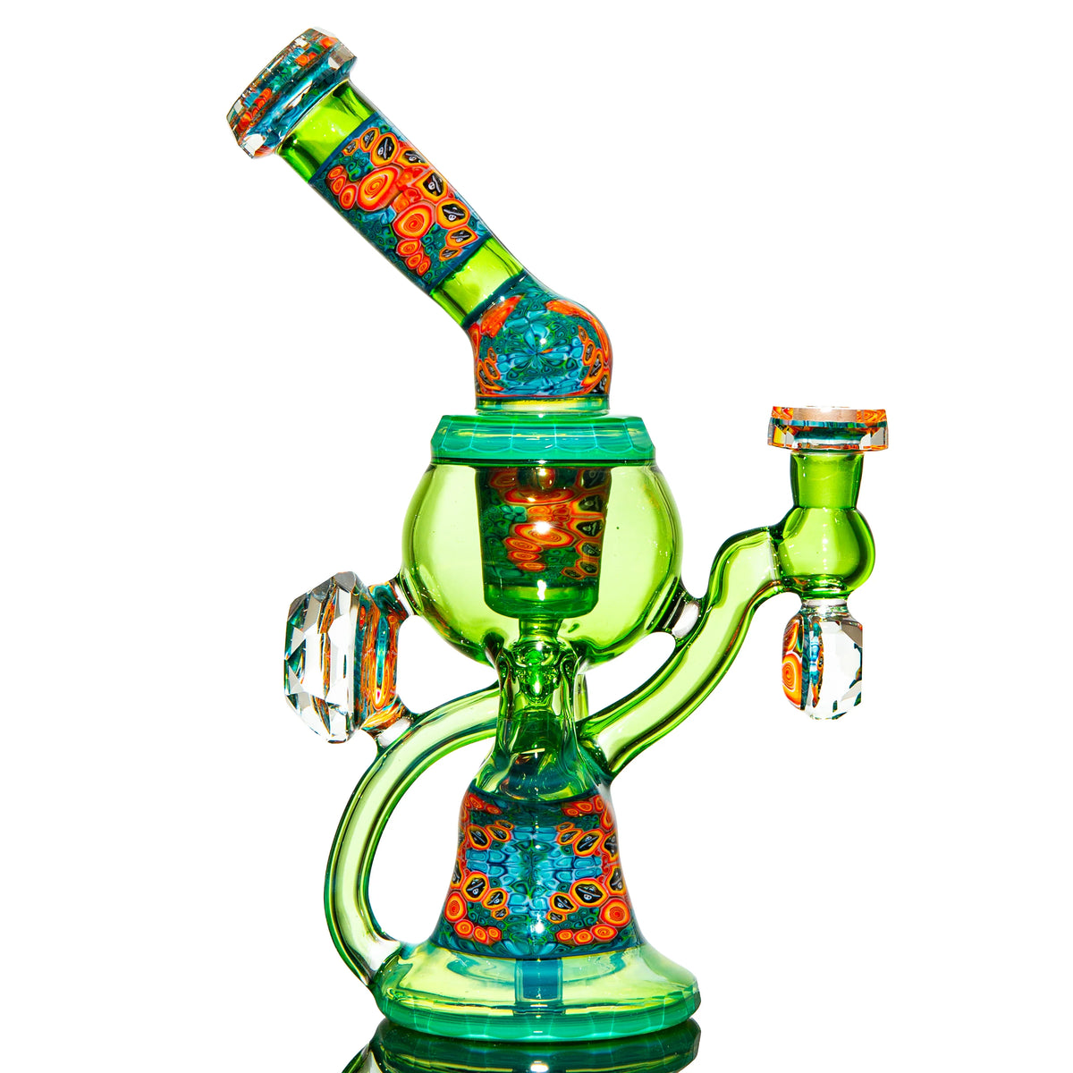 Heady green glass water pipe with vibrant orange and blue accents and intricate details