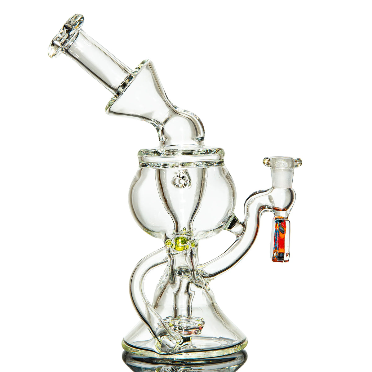 Clear glass water pipe with intricate recycler design and colorful accent detail