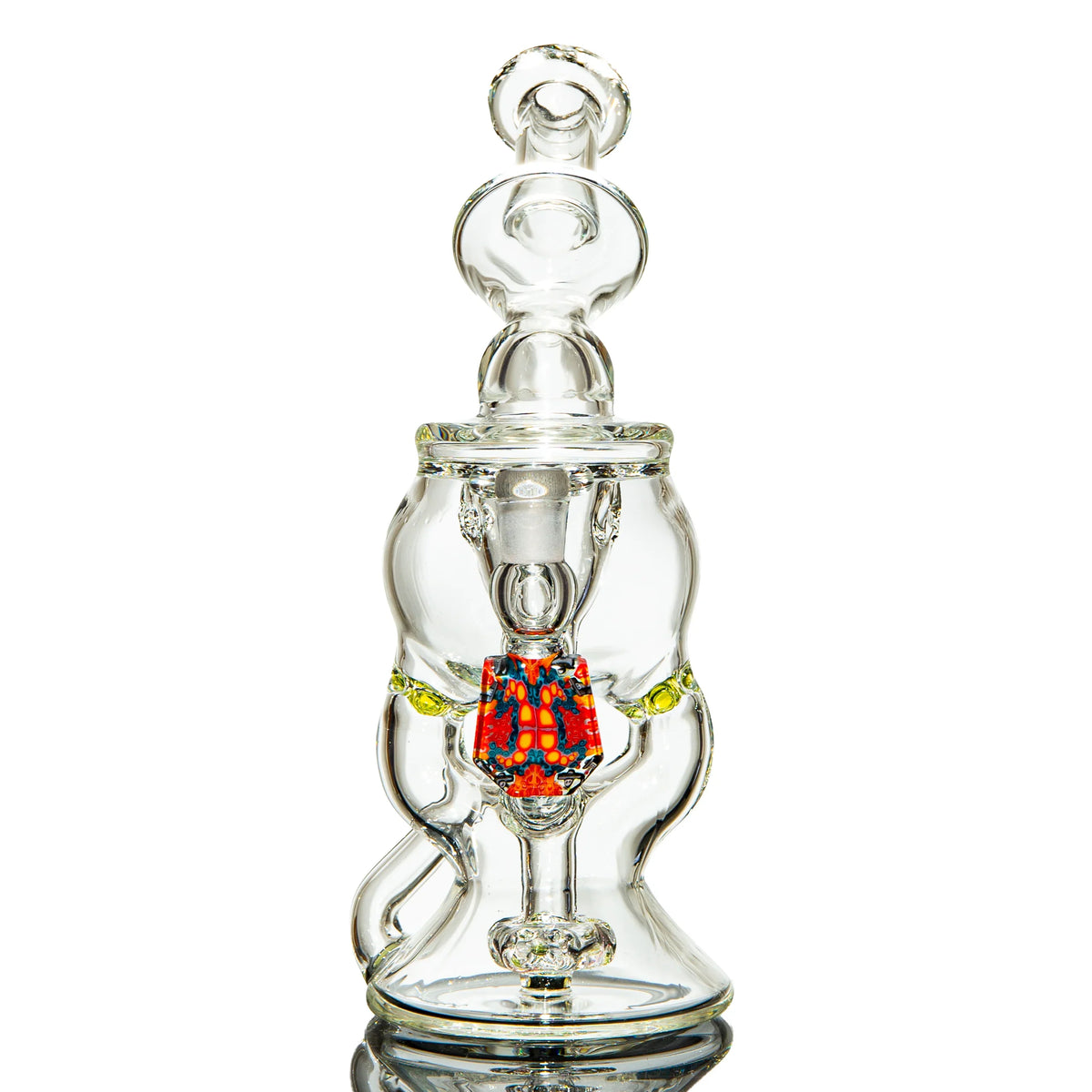 Heady glass water pipe with intricate clear and colorful red-blue accents on white background