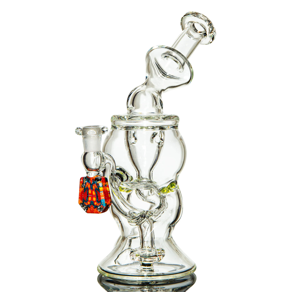 Clear glass recycler water pipe with colorful accented detail, heady glass art
