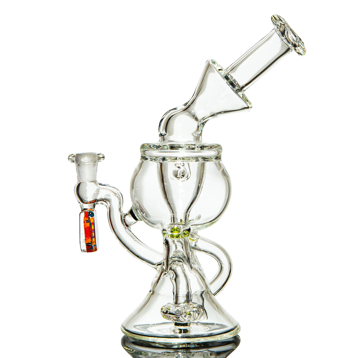Clear heady glass water pipe with artistic accents and intricate recycler design