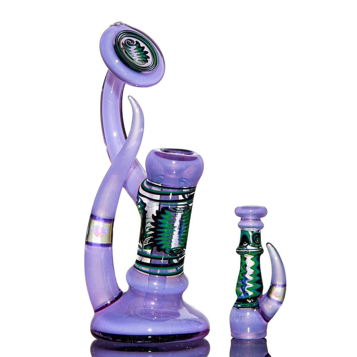 Purple heady glass water pipe and matching carb cap with intricate green accents