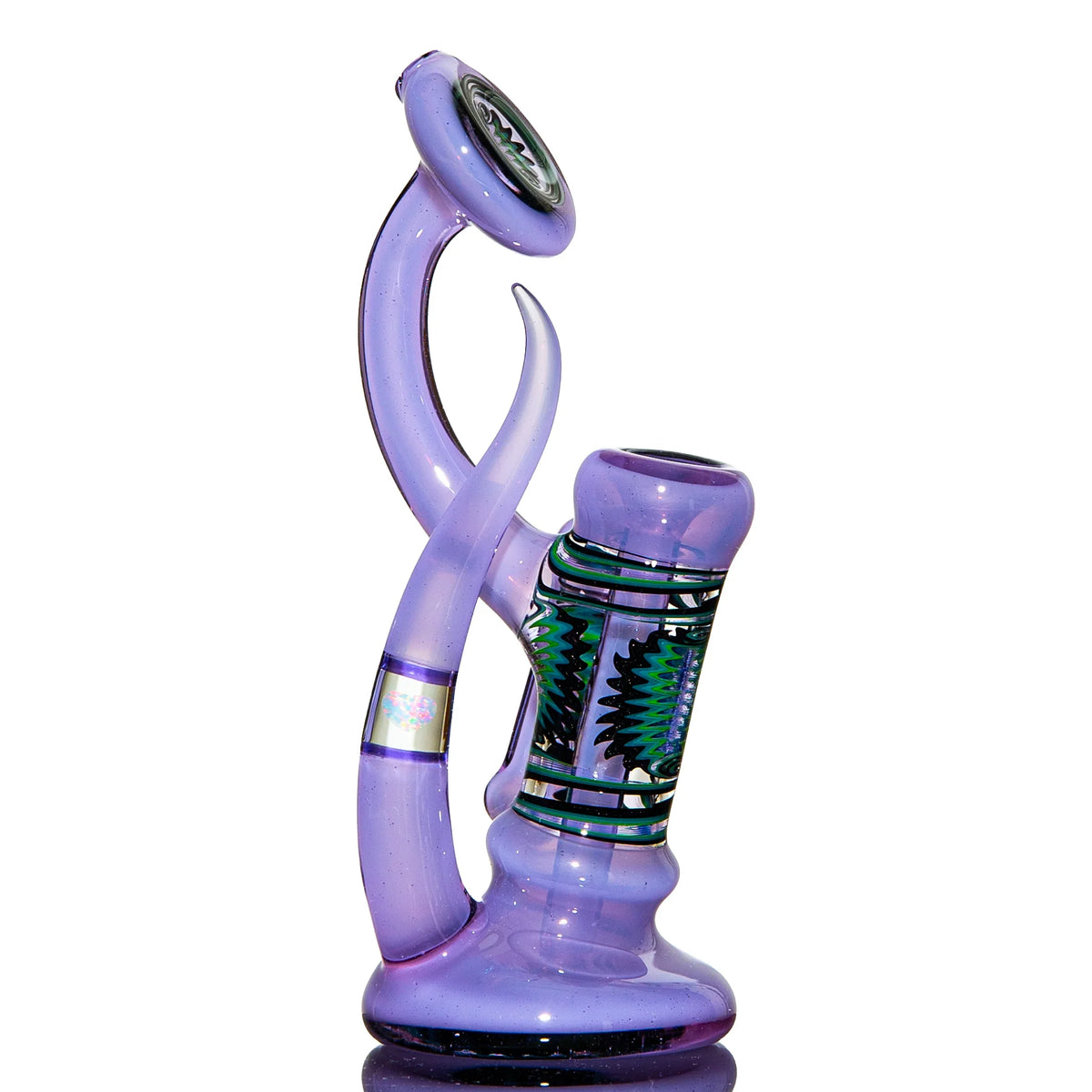 Purple heady glass water pipe with intricate decorative patterns on a white background