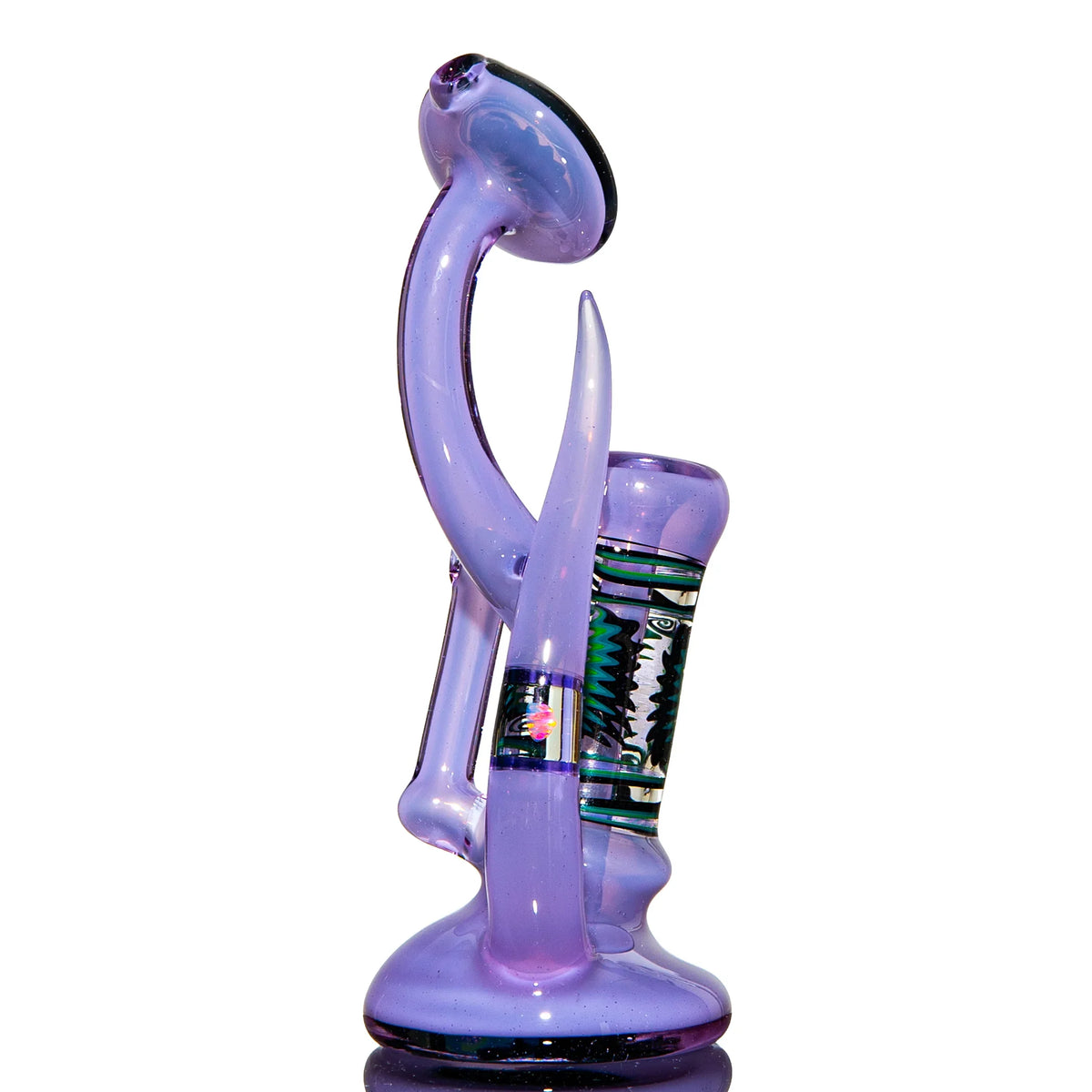 Purple heady glass water pipe with intricate design and colorful accents
