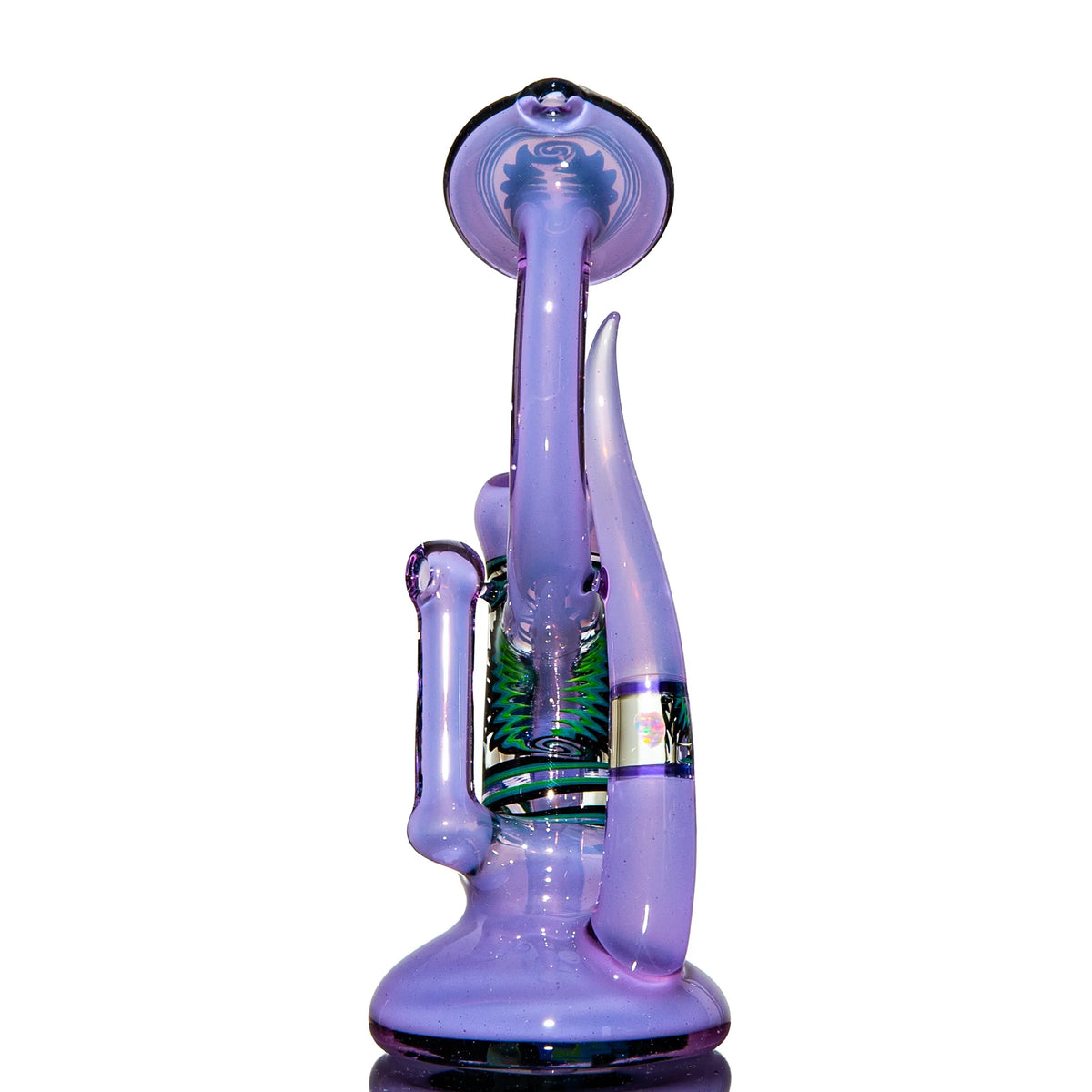 Heady purple glass water pipe with intricate green accents and unique sculpted design