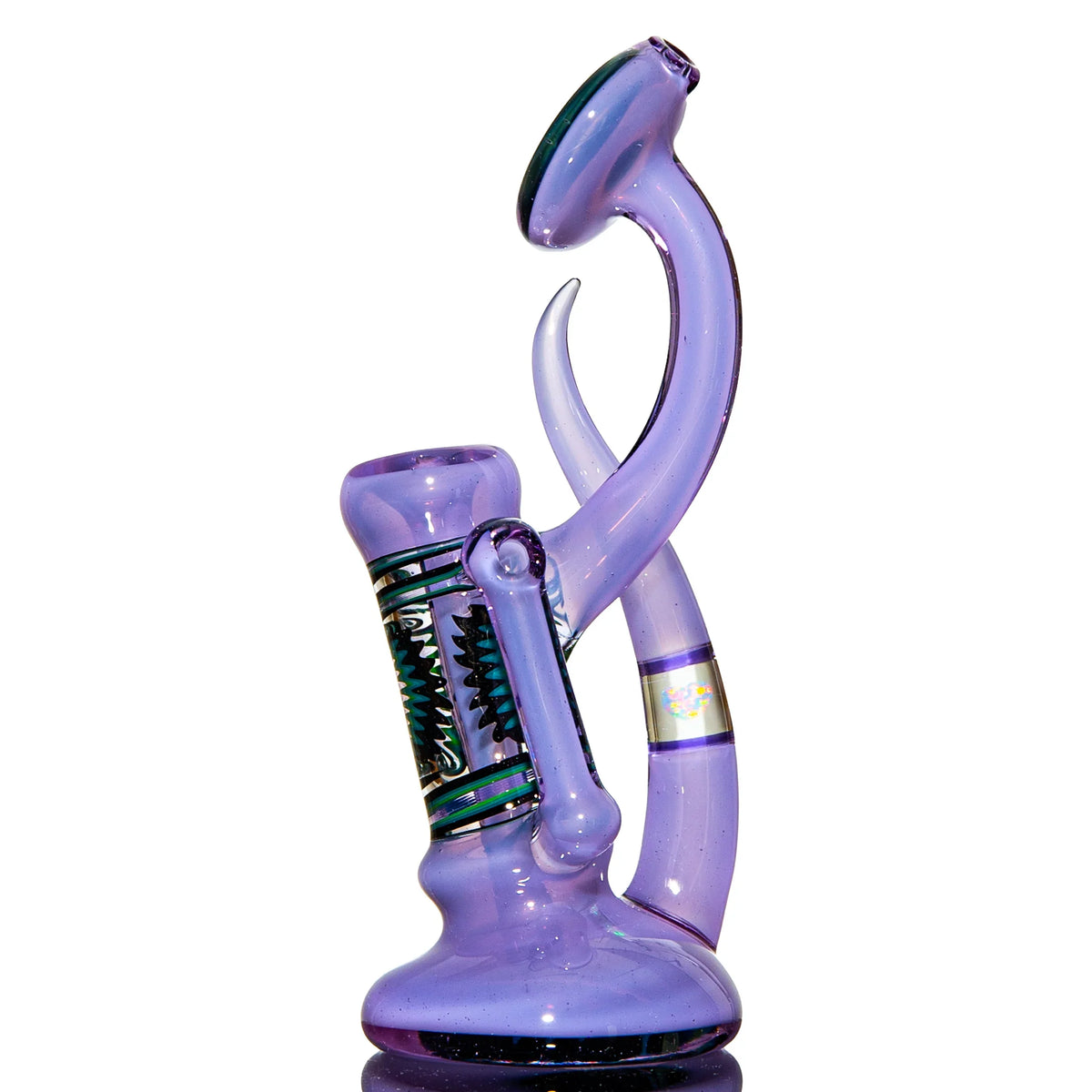 Purple heady glass water pipe with intricate accents and unique artistic design