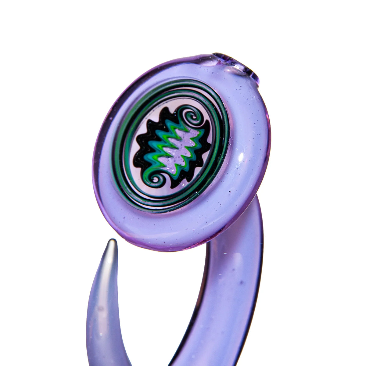 Purple glass art piece with green and black swirl design, heady glass accessory