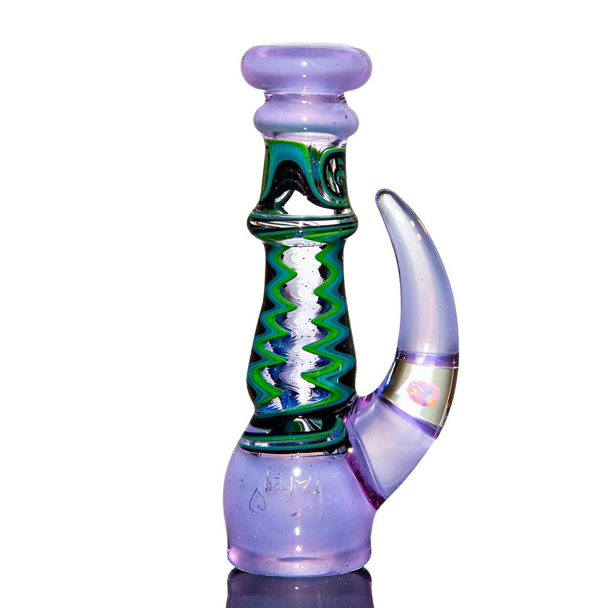 Heady glass water pipe with purple and green swirl accents on white background