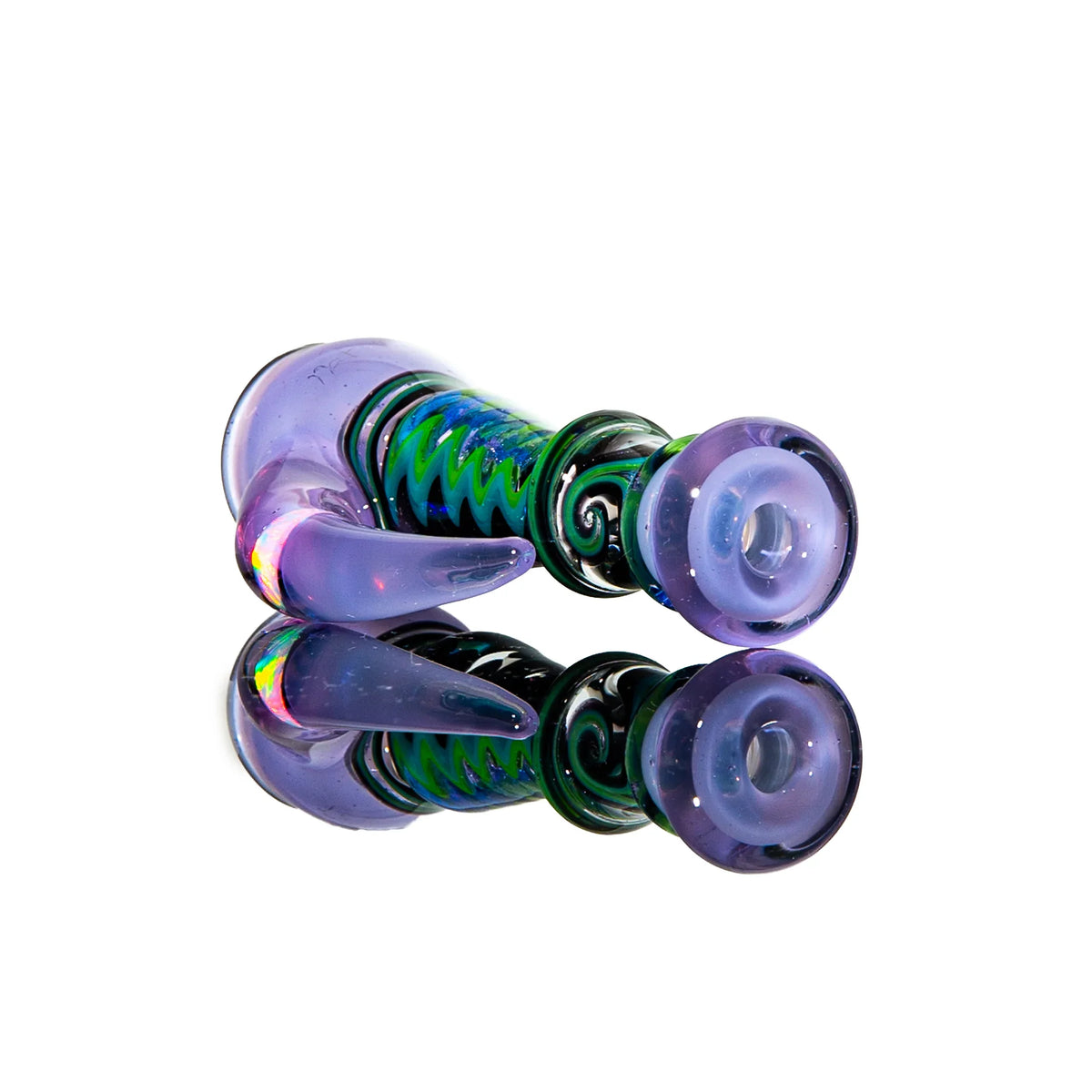 Colorful glass hand pipe with purple and green swirl pattern on white background