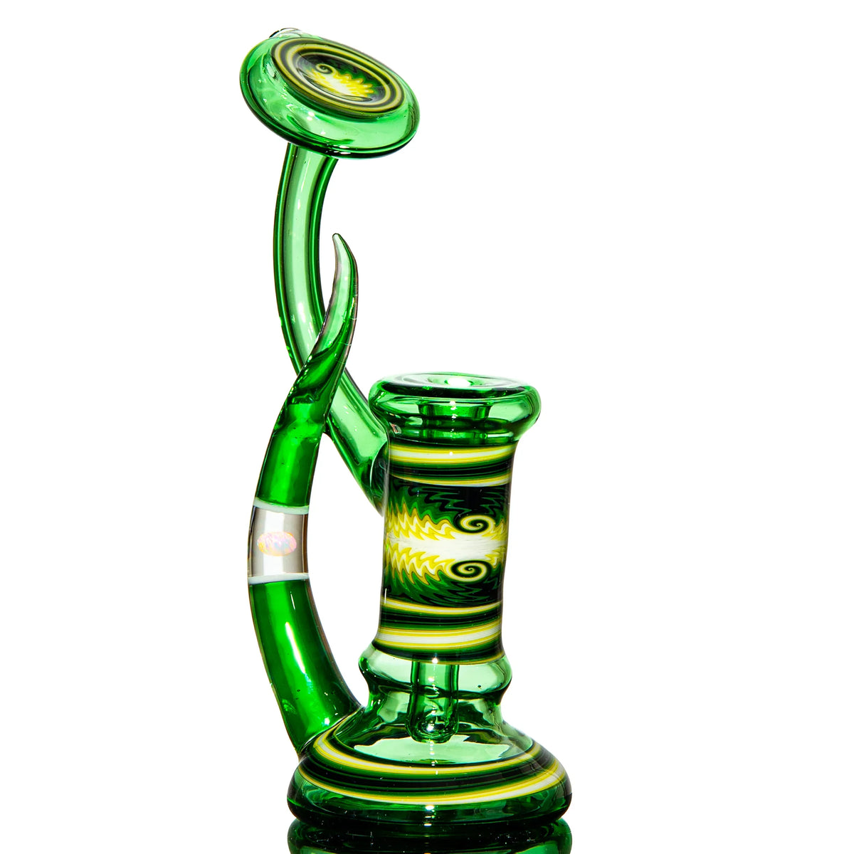 Green heady glass water pipe with intricate swirling yellow and black designs