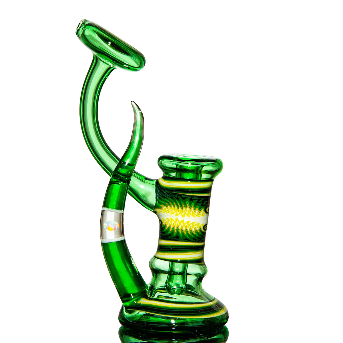Green heady glass water pipe with yellow patterns and intricate glasswork
