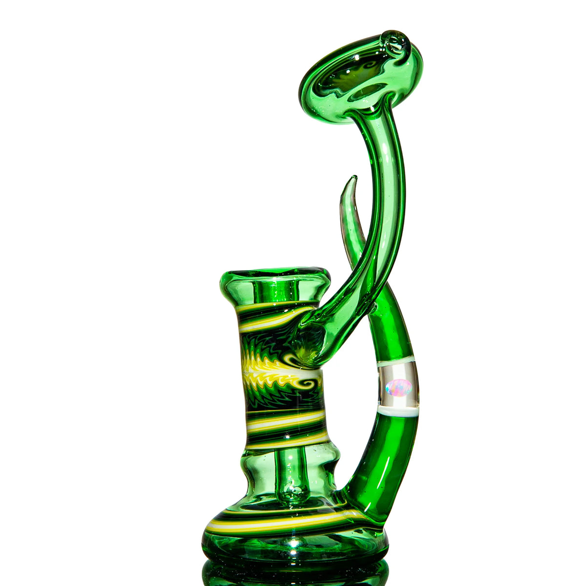 Hand-blown green glass water pipe with intricate yellow and black design patterns