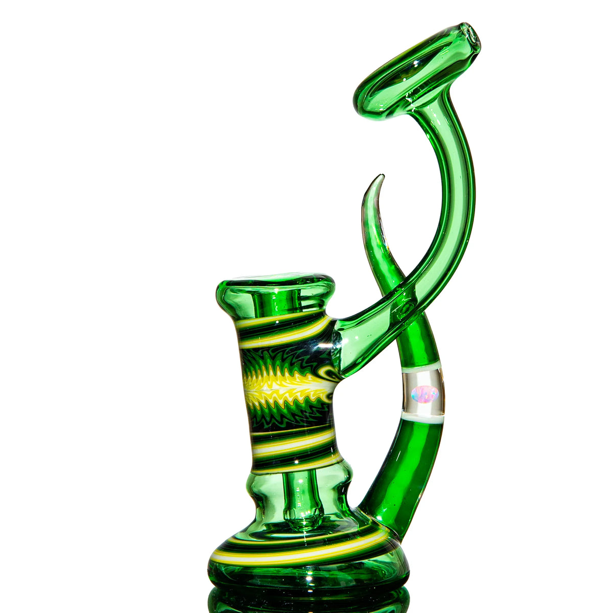 Green and yellow heady glass water pipe with intricate patterns, side view on white background