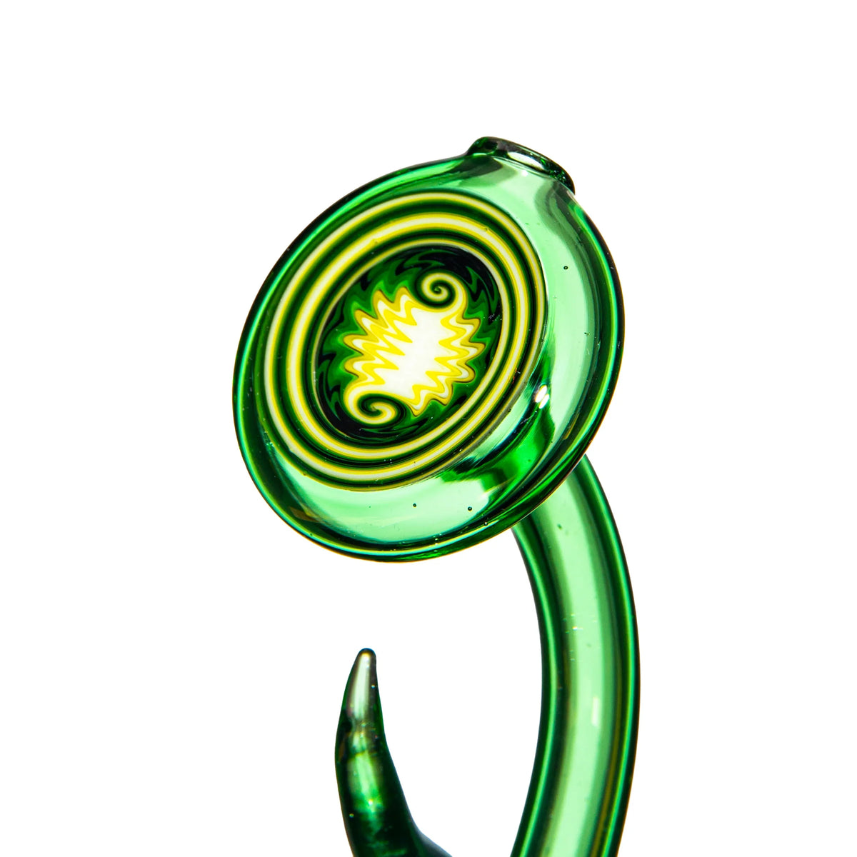 Green heady glass pipe with spiral yellow and black design, close-up on white background