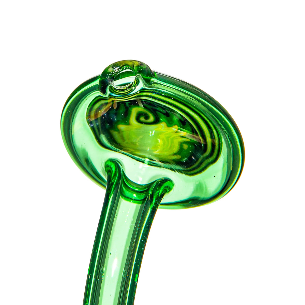 Close-up of a green glass hand pipe with vibrant swirl detail, white background