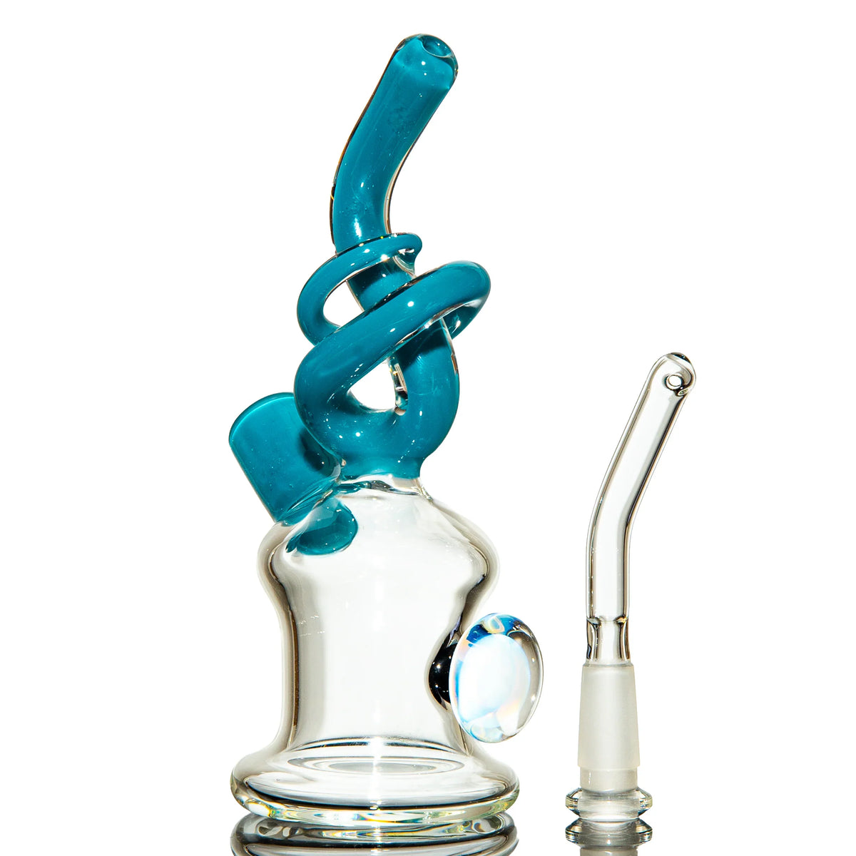 Artistic glass water pipe with teal spiral design and clear glass attachment