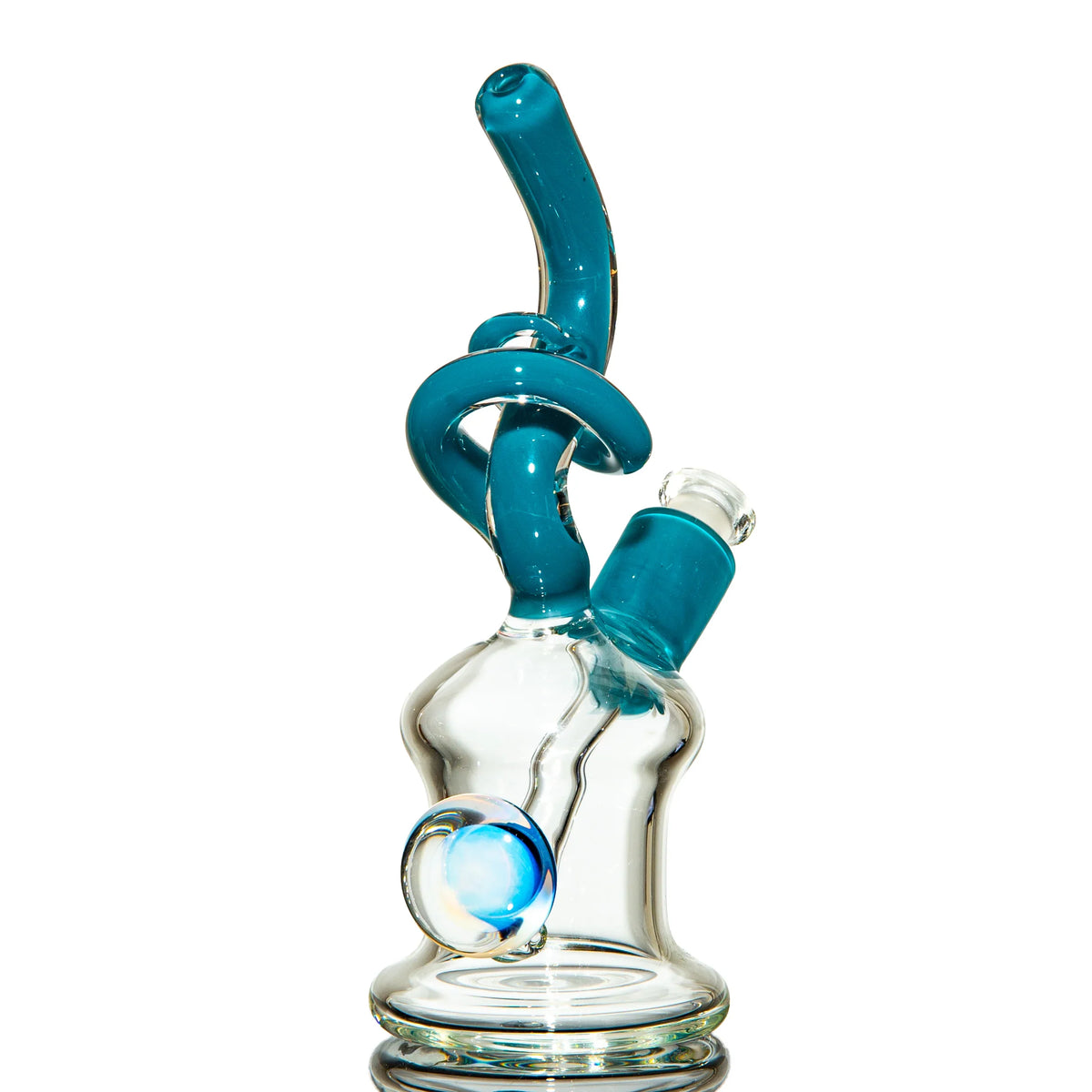 Artistic glass water pipe with teal accent, unique recycler design, and opal marble detail