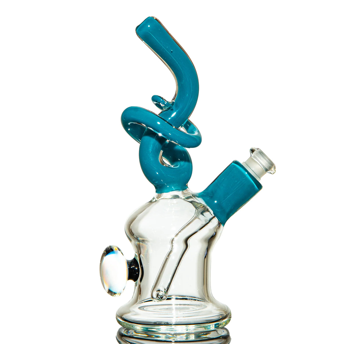 Heady glass water pipe with teal twisted design and clear chamber on white background