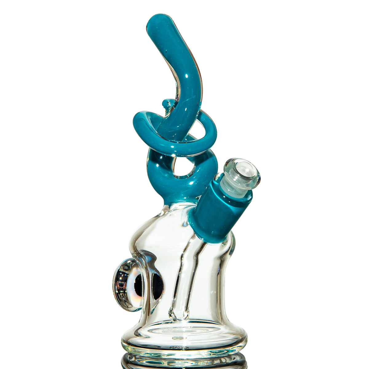 Artistic glass water pipe with teal accents and intricate twisted design on white background.