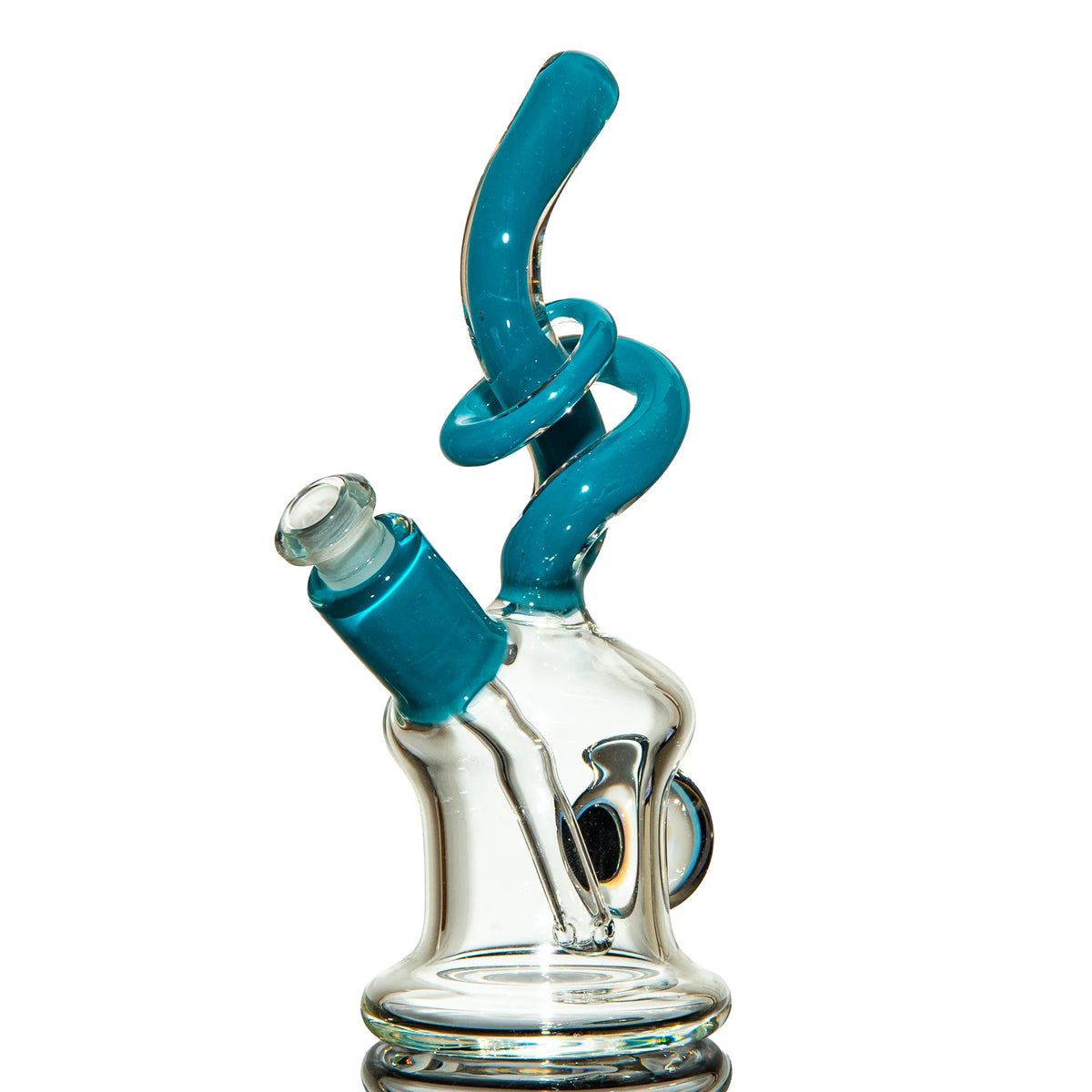 Heady glass water pipe with turquoise spiral accents, unique artistic smoking accessory
