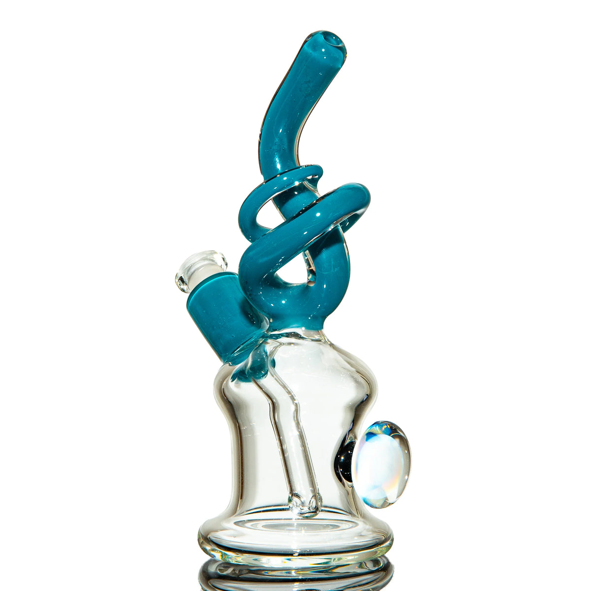 Artistic clear glass water pipe with blue coil accents and an opal side marble.