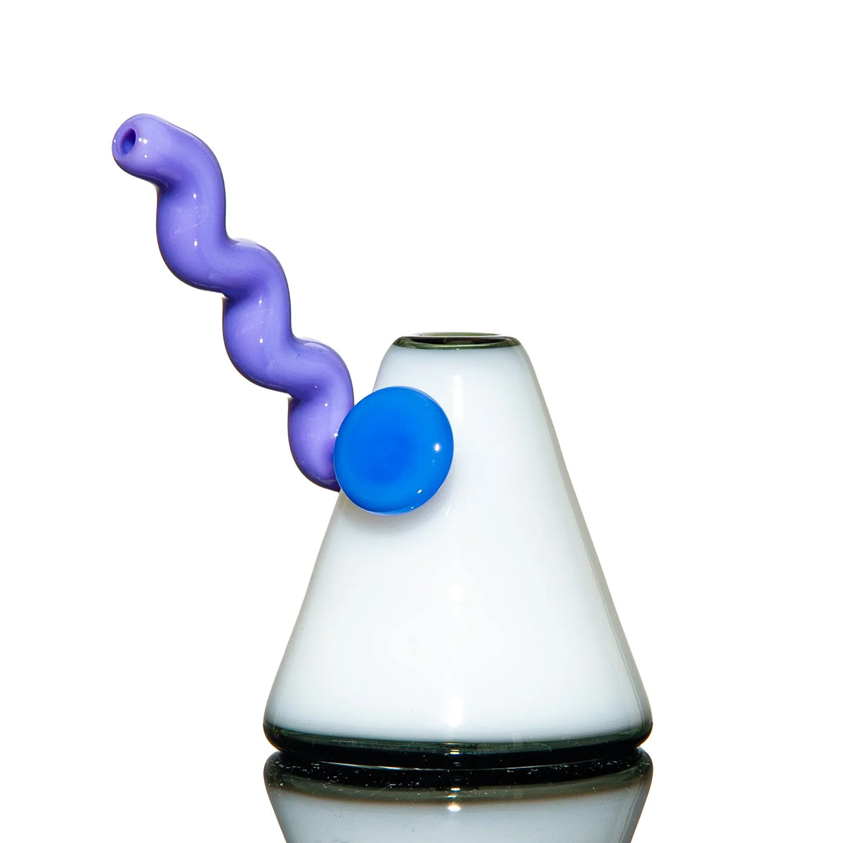 White glass bubbler with a wavy purple stem and blue accent, on white background