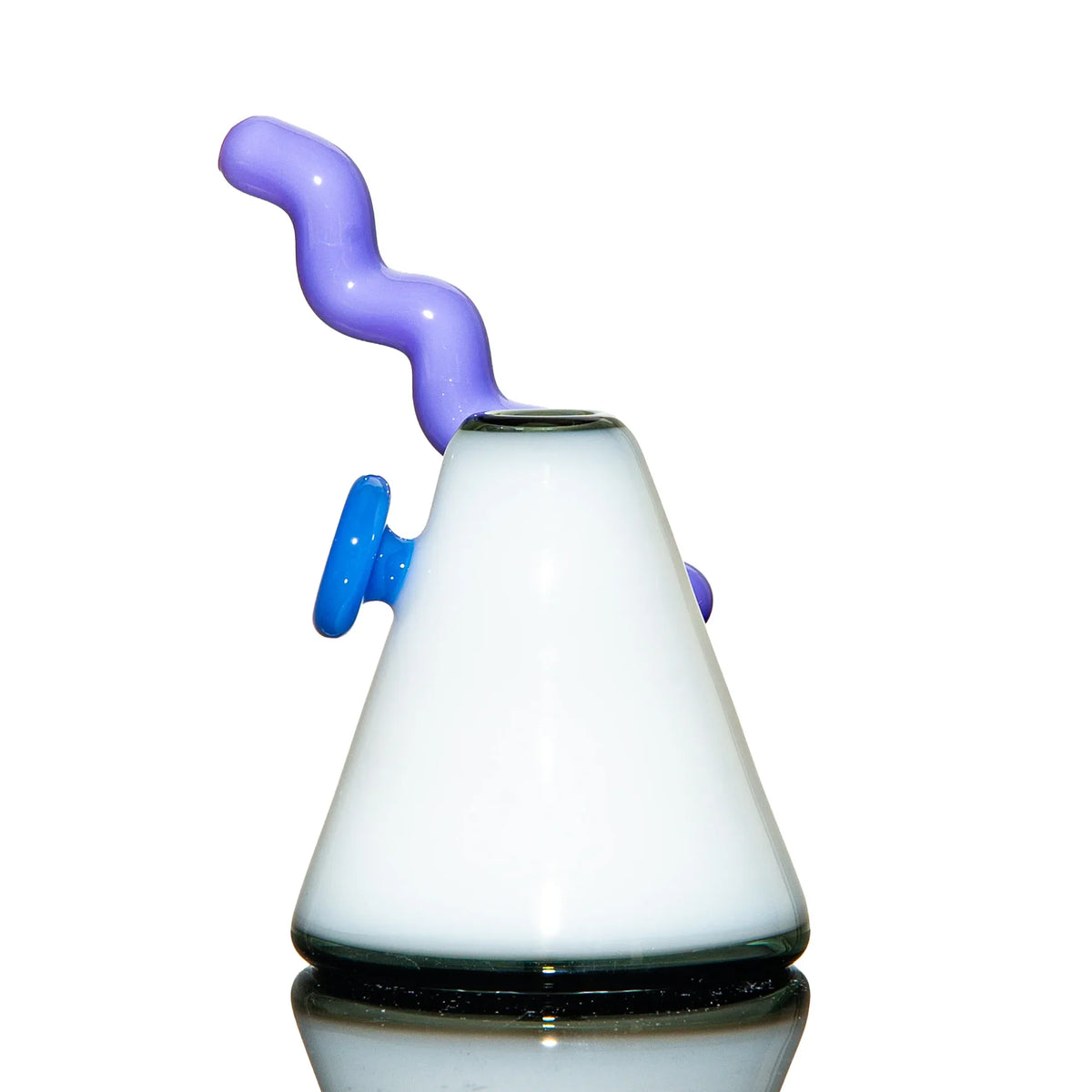 White glass water pipe with conical base and a wavy purple mouthpiece