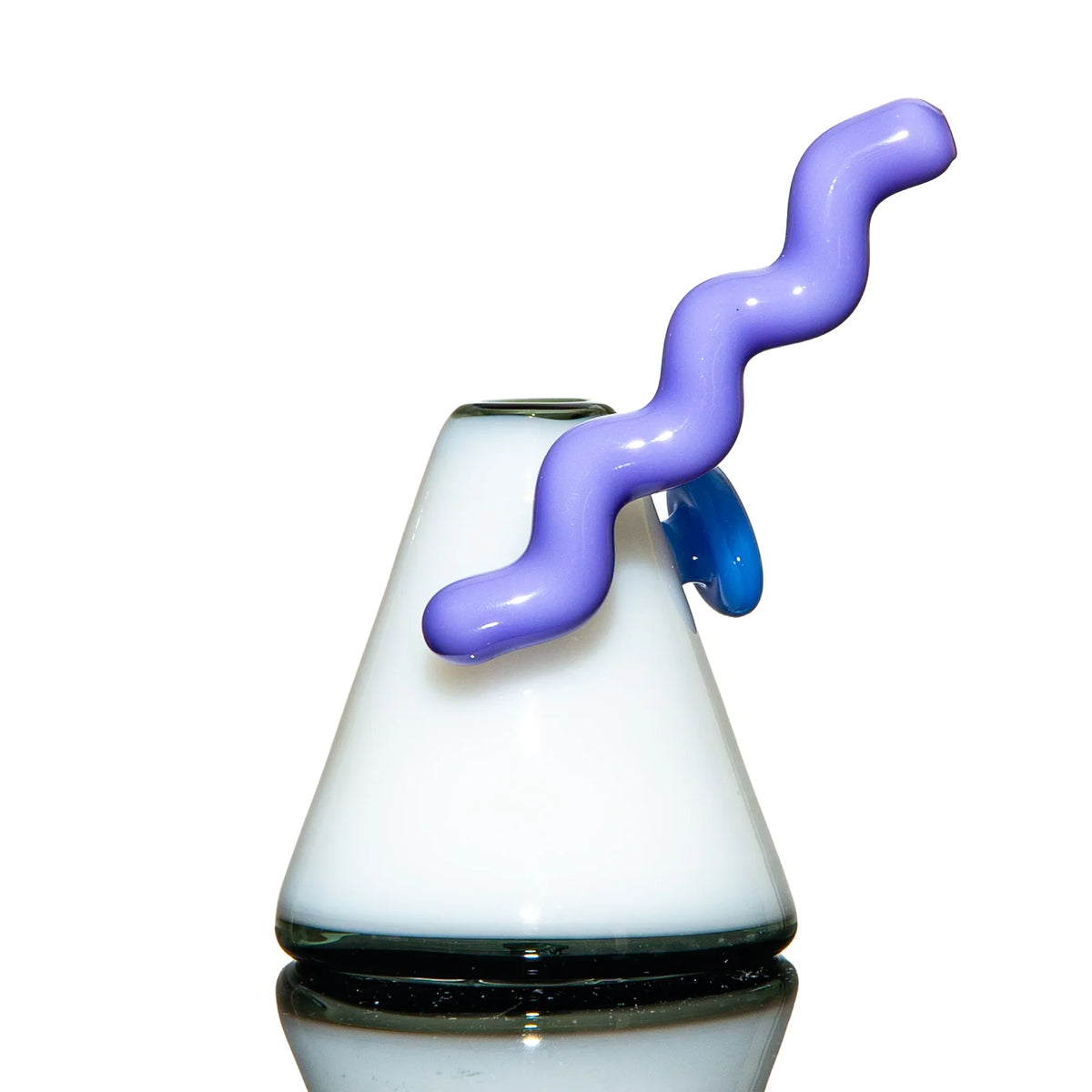 Modern glass water pipe with a white conical base and purple wavy stem on white background