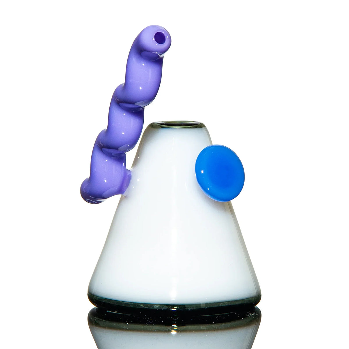 White glass accessory with a spiral purple handle and blue accent, displayed on a reflective surface