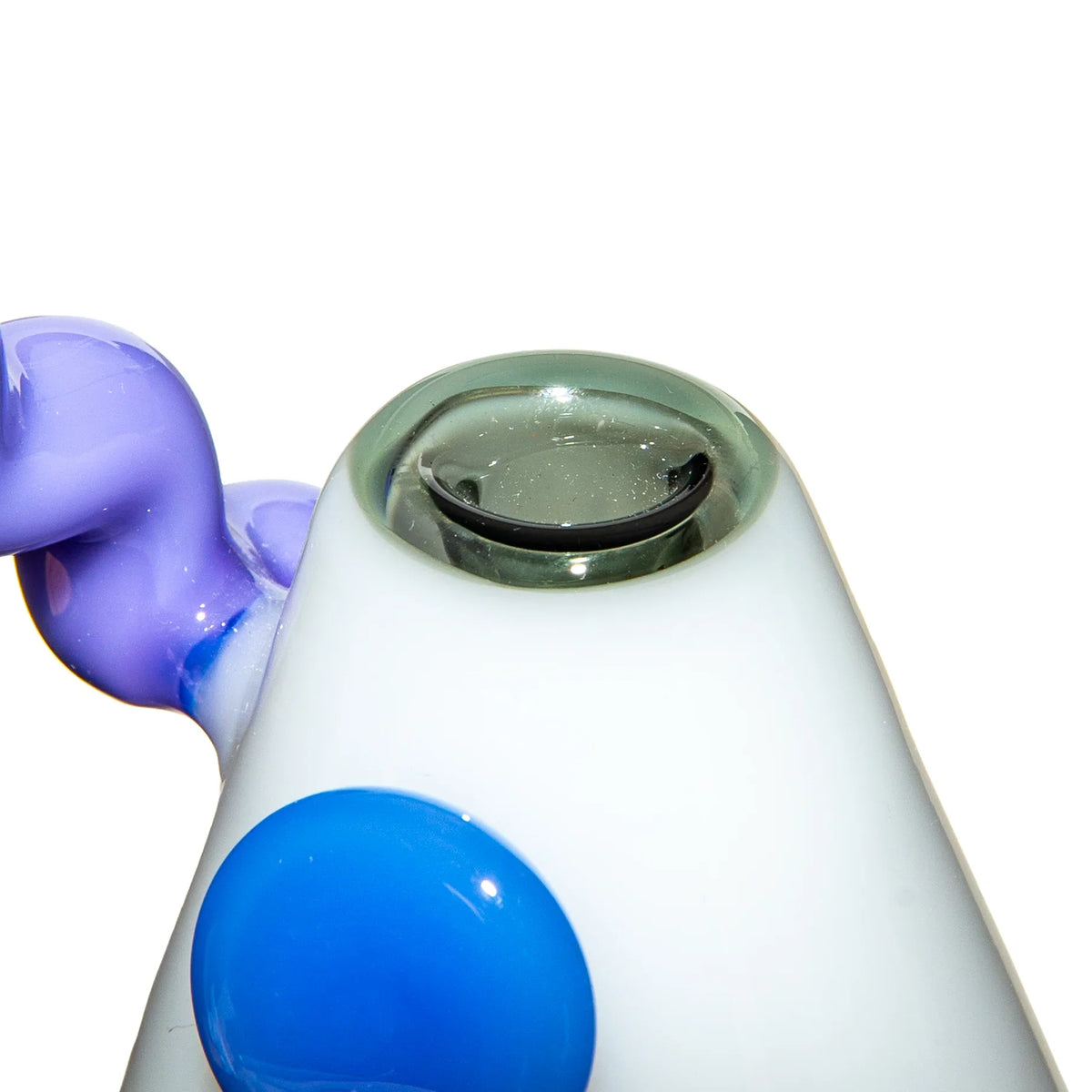 Close-up of artistic glass water pipe with blue, white, and purple accents
