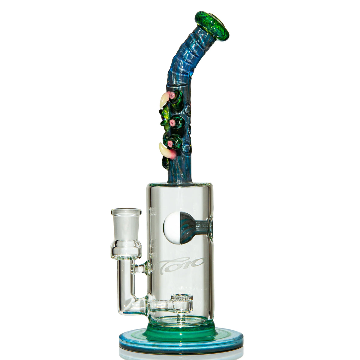 Heady glass water pipe with intricate blue and green tentacle neck and clear chamber