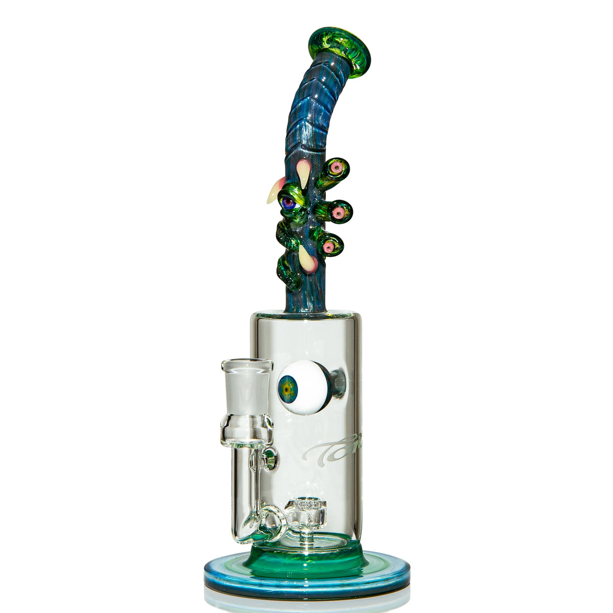 Heady glass water pipe with intricate colorful glasswork and eye accents on curved neck