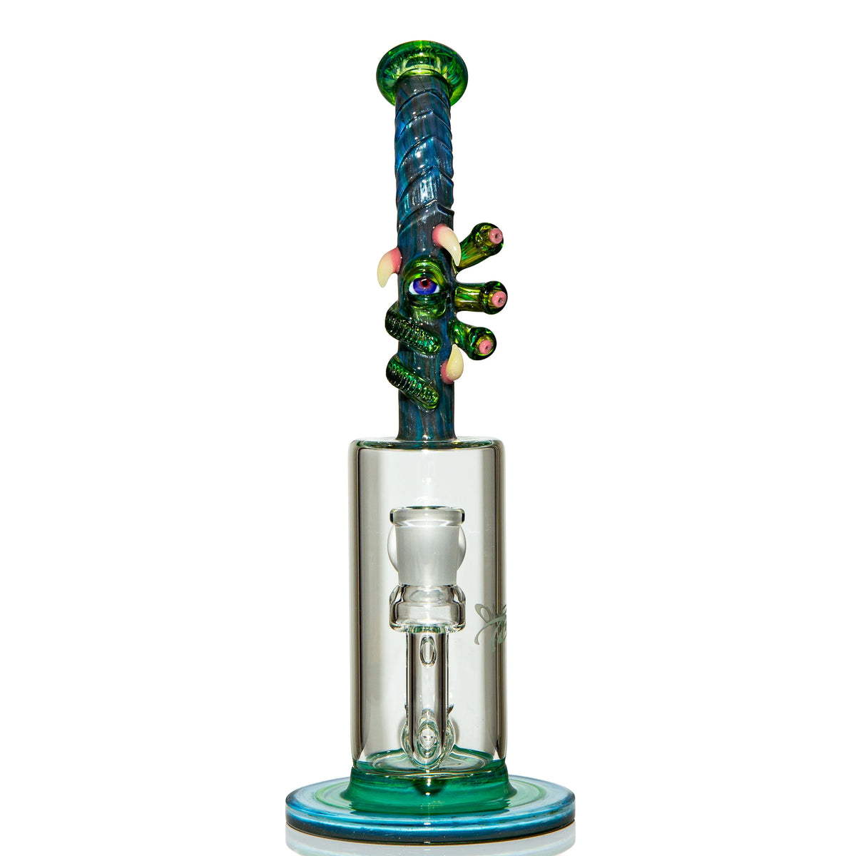 Artistic glass water pipe with intricate blue and green sculptural details and monster eyes