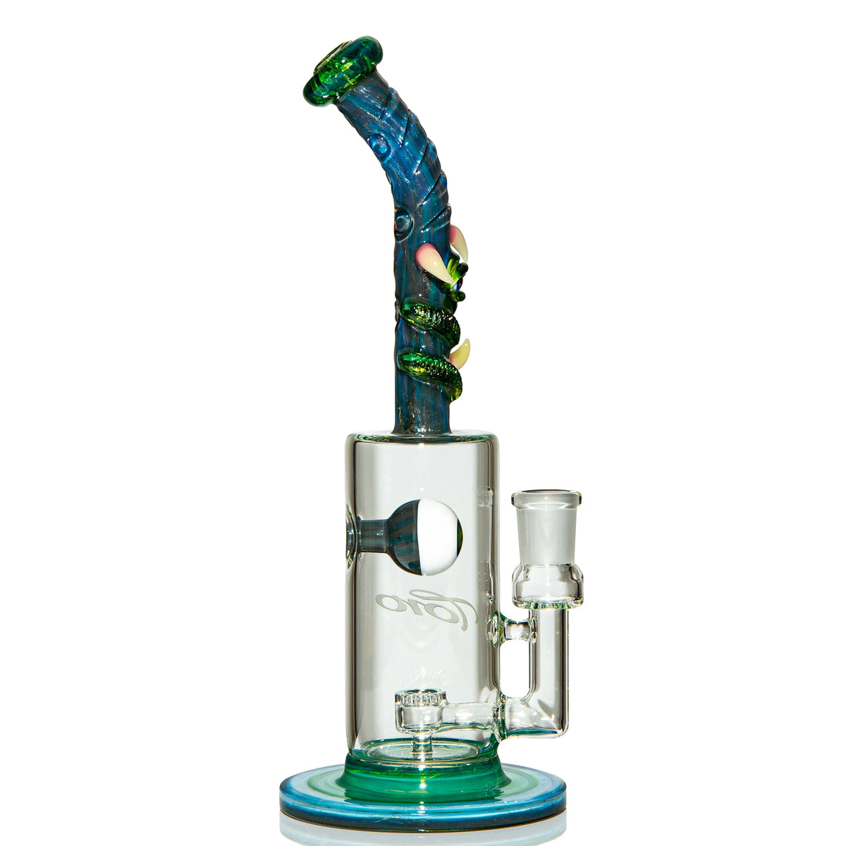 Artistic glass water pipe with blue twisted neck and green accents on white background