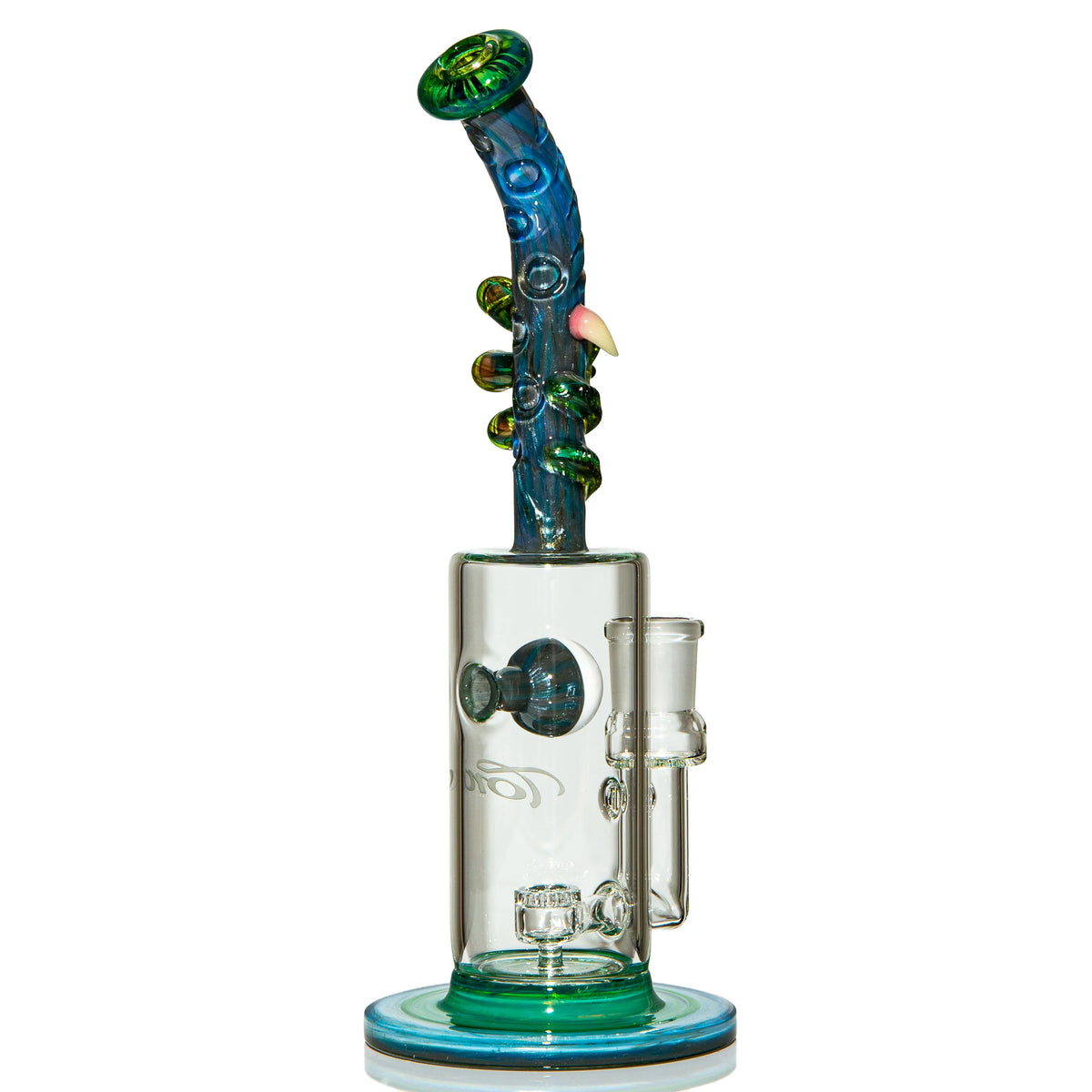 Heady glass water pipe with blue and green tentacle neck and intricate artistic details