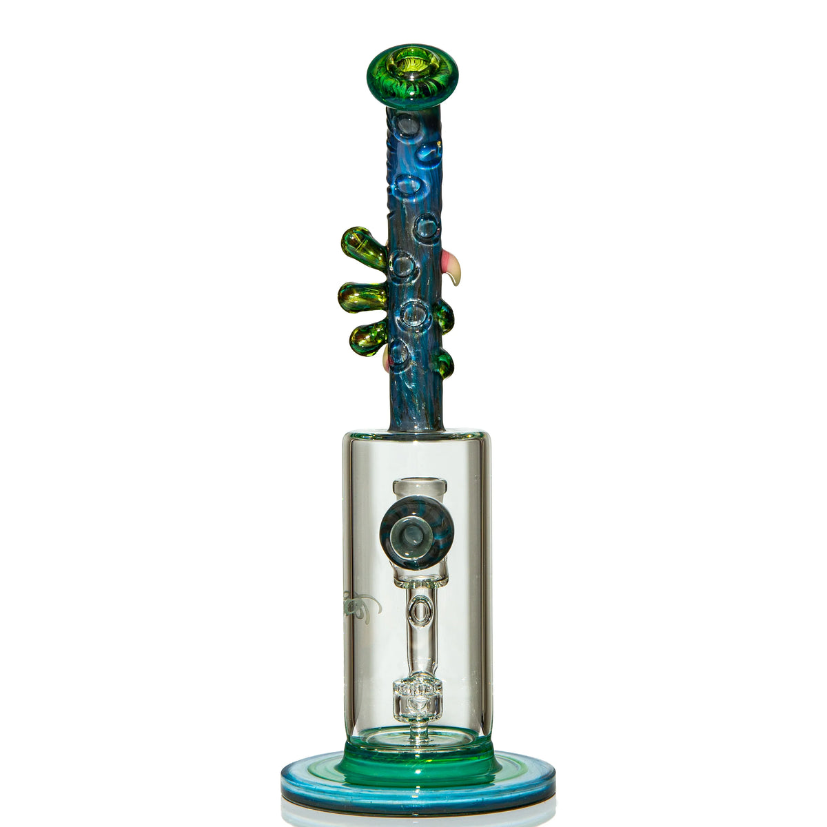 Heady glass water pipe with vibrant blue neck and green accents, on a white background