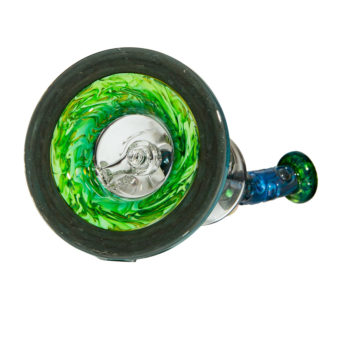 Top view of colorful glass water pipe with green and blue marbled accents