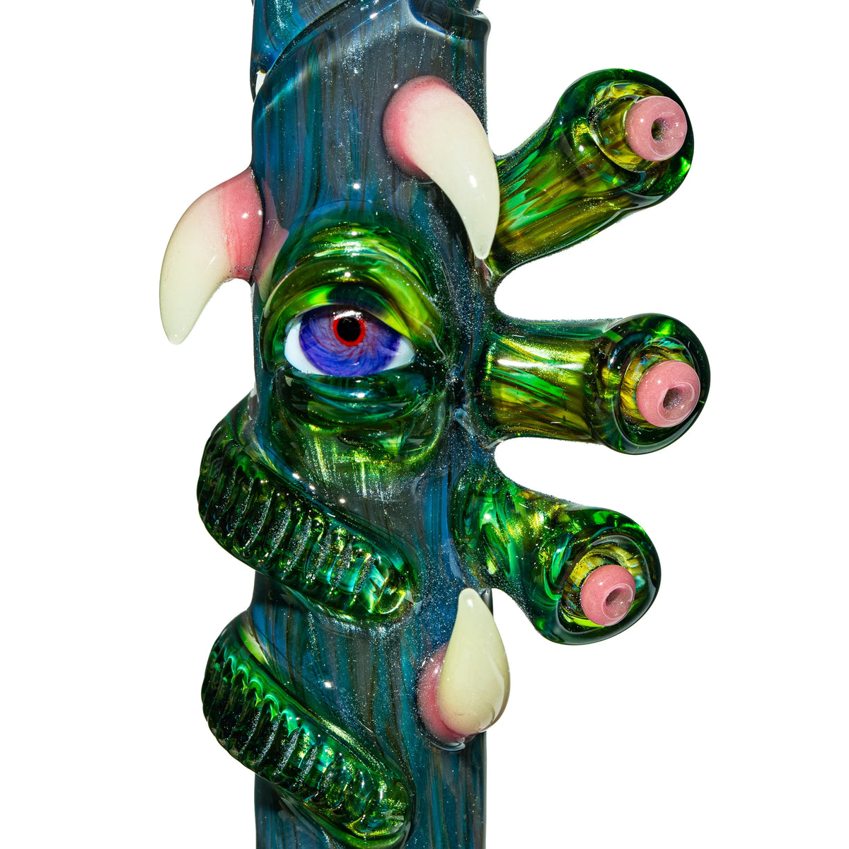 Artistic heady glass bong with monster eye, fangs, and green tentacle design