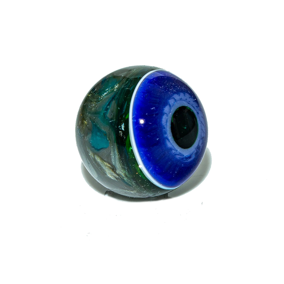Handcrafted glass carb cap with blue and green swirl design for smoking accessories
