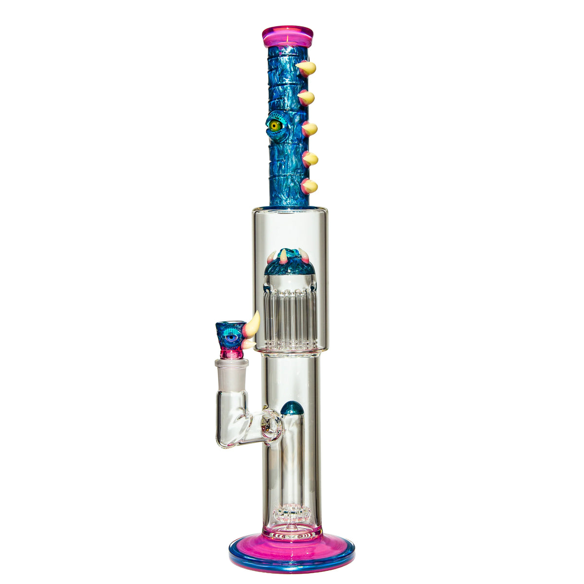 Heady glass bong with blue monster-themed accents, clear chamber, and pink highlights