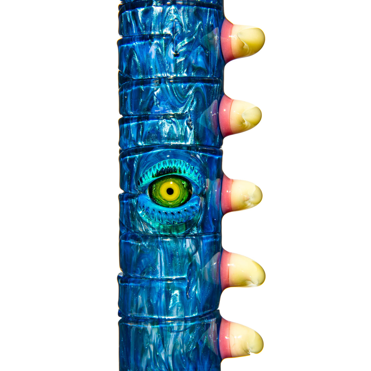 Close-up of a blue heady glass pipe with yellow eye and pink accents on a white background.