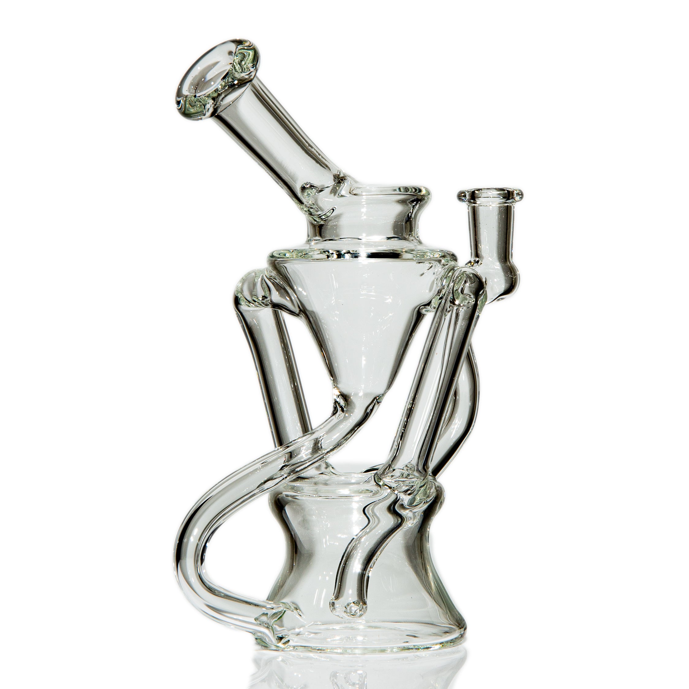 Clear scientific glass water pipe with intricate percolator and bent tubes on white background