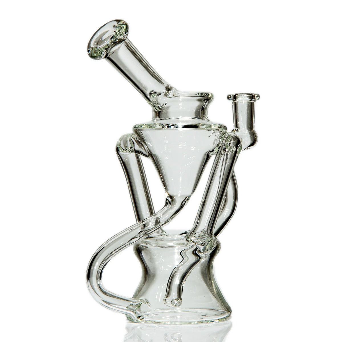 Clear scientific glass water pipe with intricate percolator and bent tubes on white background