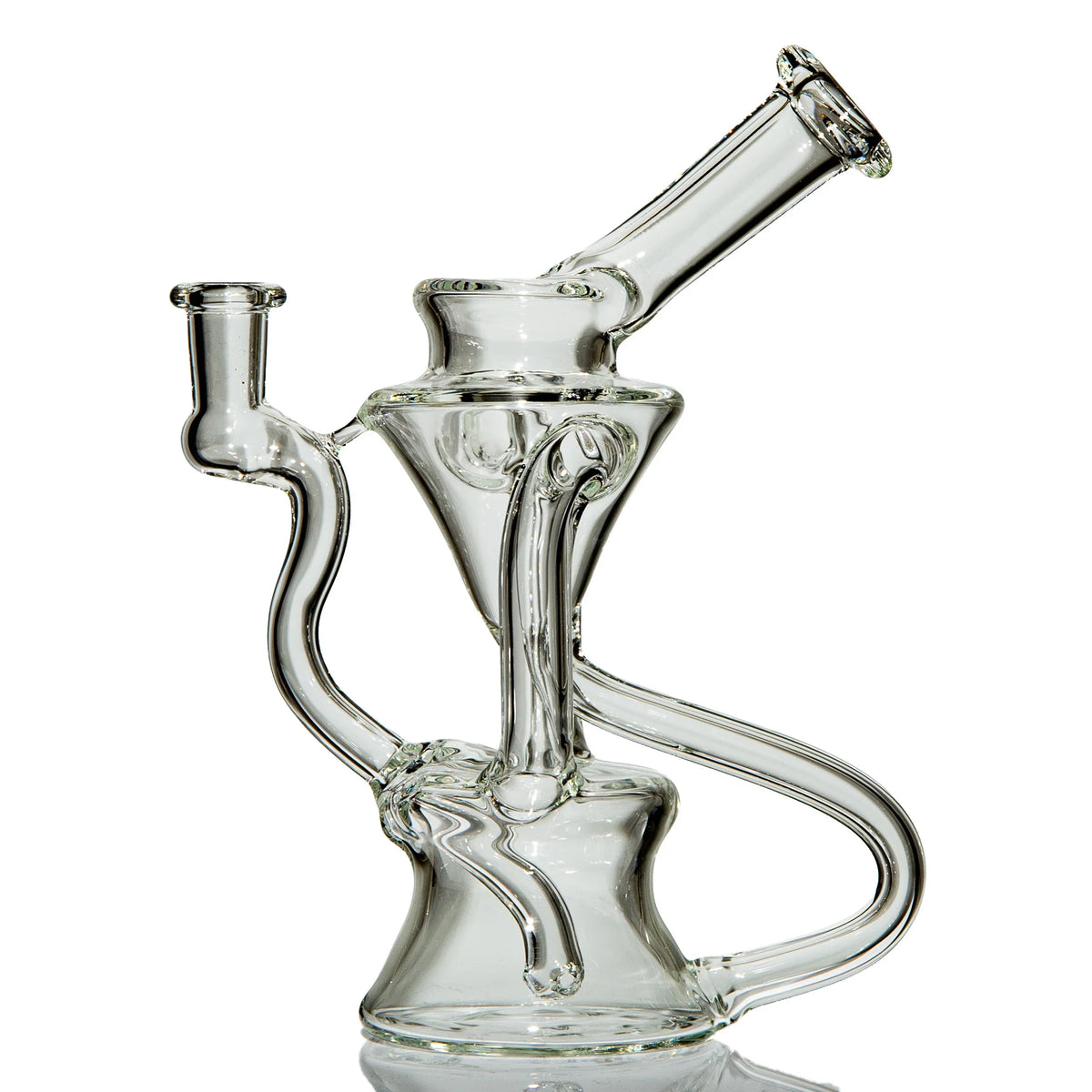 Clear scientific glass recycler rig with curved tubing and angled mouthpiece on white background